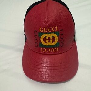 Gucci Red and Yellow Leather Hat with Iconic Logo